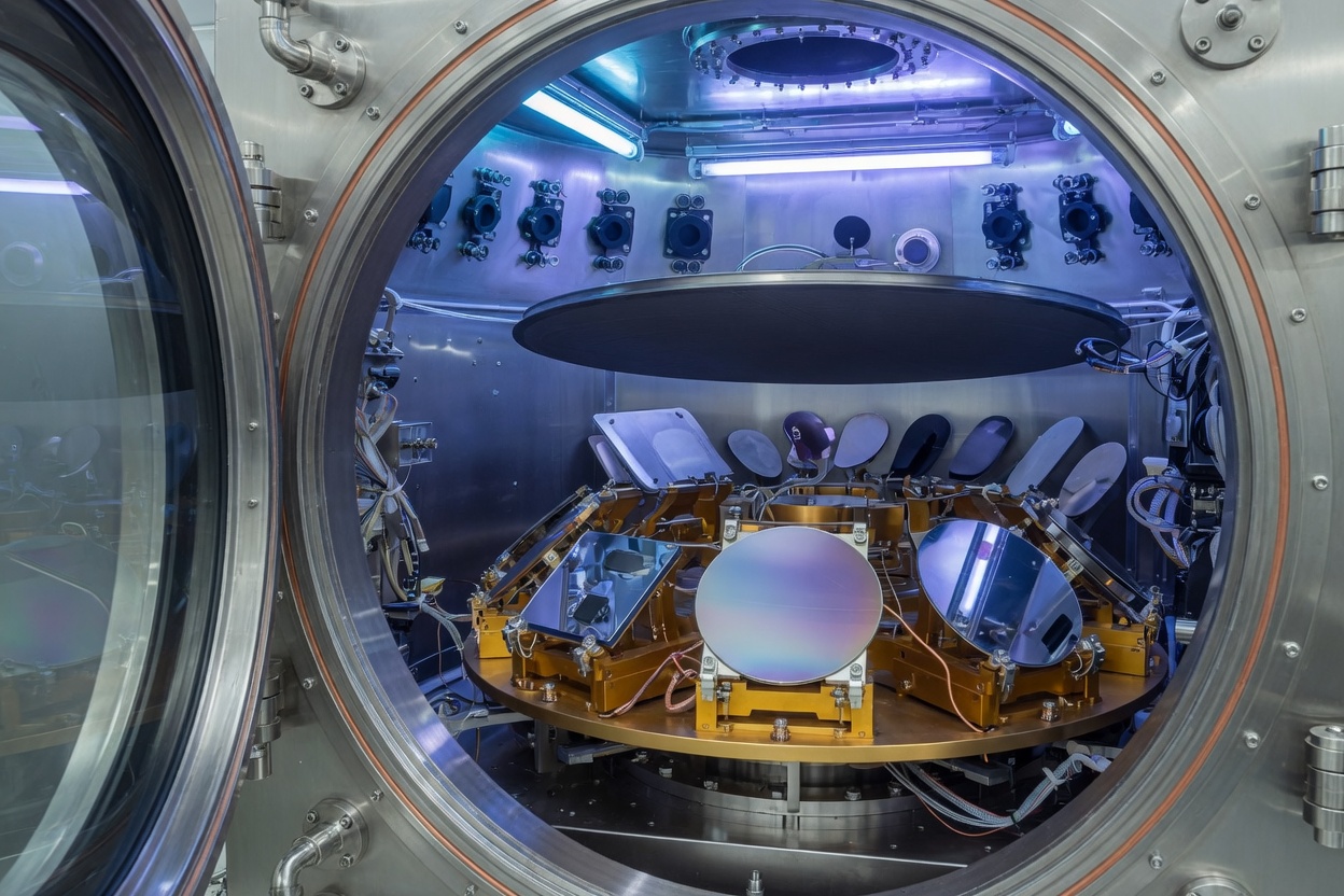 Illustrative thin-film coating chamber environment for optical coatings.