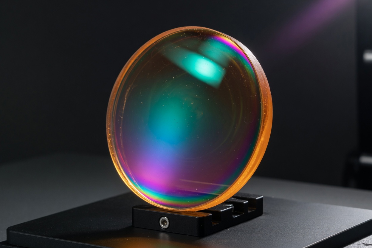 Illustrative AR-coated infrared optic with teal coating reflection.