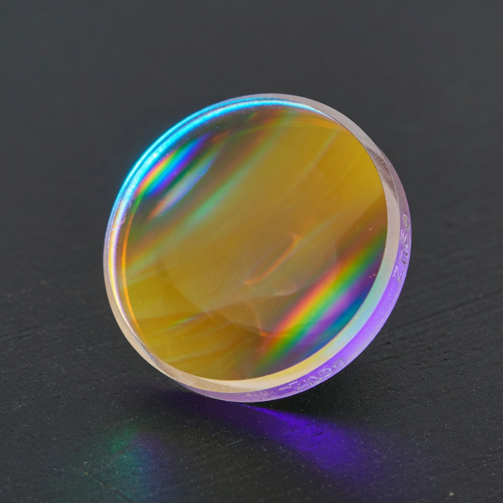 Illustrative ZnSe precision optic close-up with coating iridescence.