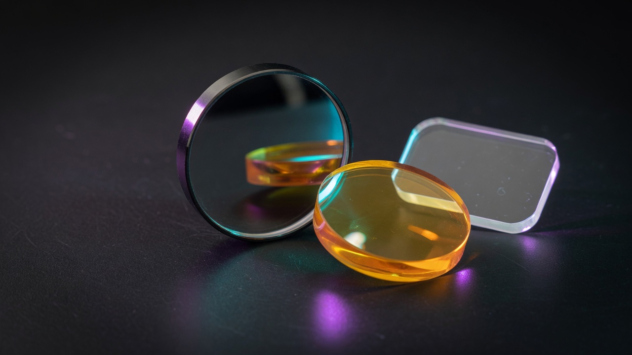 Illustrative precision optics set: germanium-style window, ZnSe lens and broadband substrate on dark studio surface.